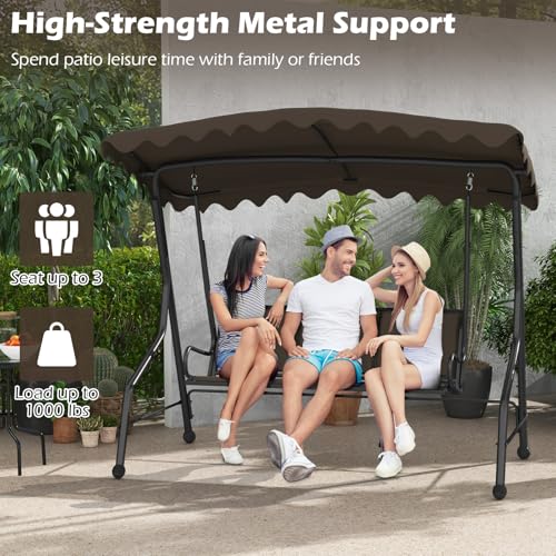 Image of Tangkula 3 Person Porch Swing, Patio Swing with Adjustable Canopy, Heavy-Duty Metal Frame & Breathable Seat, Outdoor Metal Swing for Backyard, Poolside, Balcony, Garden, 1000 lbs Max Load (Brown)