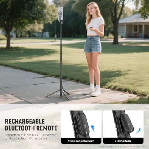 Image of NEEWER Basics 5.48' Magnetic Selfie Stick Tripod Compatible with MagSafe iPhone Android, Portable Travel Cell Phone Stand with Remote, One Button Unfold for Vlog Video Recording Streaming, PA989