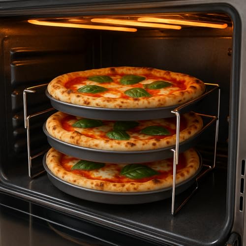 REPLOOD Set Cottura Teglie per Pizze 3 Ripiani con 3 Teglie Ø 29 cm e Supporto in Metallo Antiaderente – Portateglie da Forno Impilabile Salvaspazio, Ideale per Pizza Croccante, Dolci e Focacce