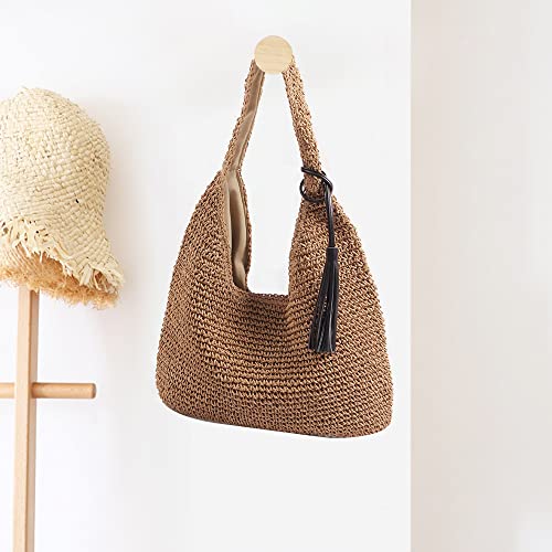 Bolso de hombro grande tejido de paja con flecos negros miniatura 3