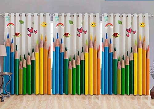 Image of 3D Pencil Colors Design Curtains for Kids Room, Window, Door Parde 4x7 feet Long Set of 3 pcs