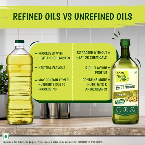 Image of Tata Simply Better Pure & Unrefined Extra Virgin Olive Oil, A1 Grade Olives From The Farms of Spain, Cold Press Extraction, Cholesterol & Trans Fat-Free, Natural Antioxidants, Rich in Vitamin E & K