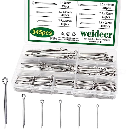 weideer 345pcs 304 Stainless Steel Cotter Pin Clip Key Fastener Fitting Assortment Kit Hitch Clips & Pins - 6 Sizes Split Pin Fastener Clips