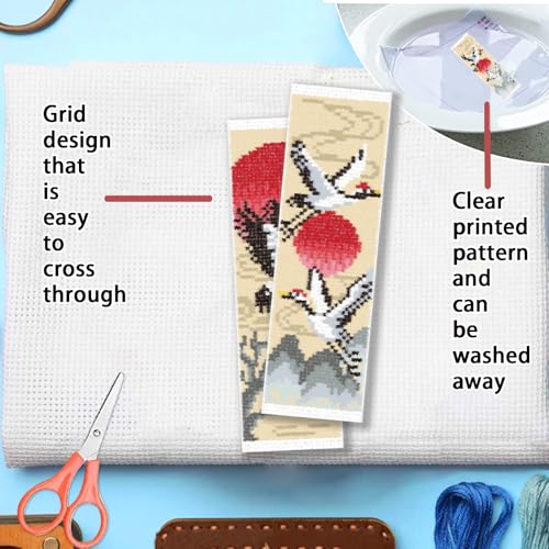Image of FREEBLOSS 6 Set Cross Stitch Bookmark Kit 11 CT Complete Stamped Cross Stitch Kit DIY Embroidery Bookmark Kits for Adult Beginners with Instructions, Crane Pattern, 6 x 20 cm /8 inch x 2.4 inch