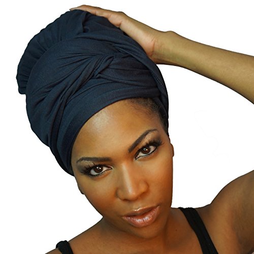 Stretch Head Wraps for Women | Extra Long Jersey Knit Turbans| Soft Cotton African Head wrap Scarf | DARK NAVY