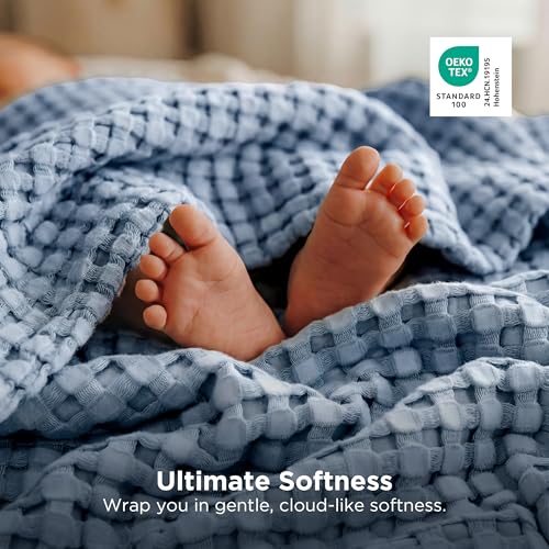 Image of Bedsure Cooling Cotton Waffle Full Size Blanket - Lightweight Breathable Blanket of Rayon Derived from Bamboo for Hot Sleepers, Luxury Throws for Bed, Couch and Sofa, Dusty Blue, 80x90 Inches