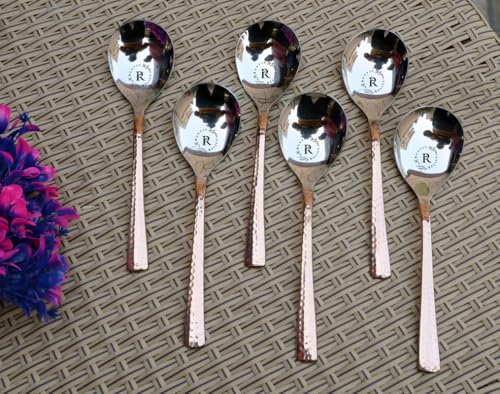 Image of Stainless Steel and Copper Made Serving Spoon Set - Pack of 6 | Metal Kitchen Dining and Cutlery | Steel and Copper Metalic Finish | A Touch of Elegance to Your Dining and Serving