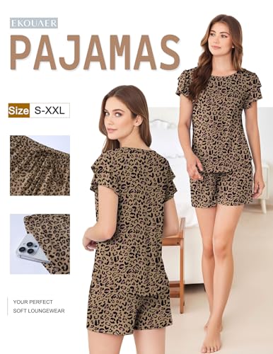 Image of Ekouaer Womens Pajama Sets 2 Piece Ruffle Sleeves Top and Shorts Pjs | Soft Sleepwear Cute Loungewear Set with Pockets for Sleep, Lounge, Wedding, Party, Bridal