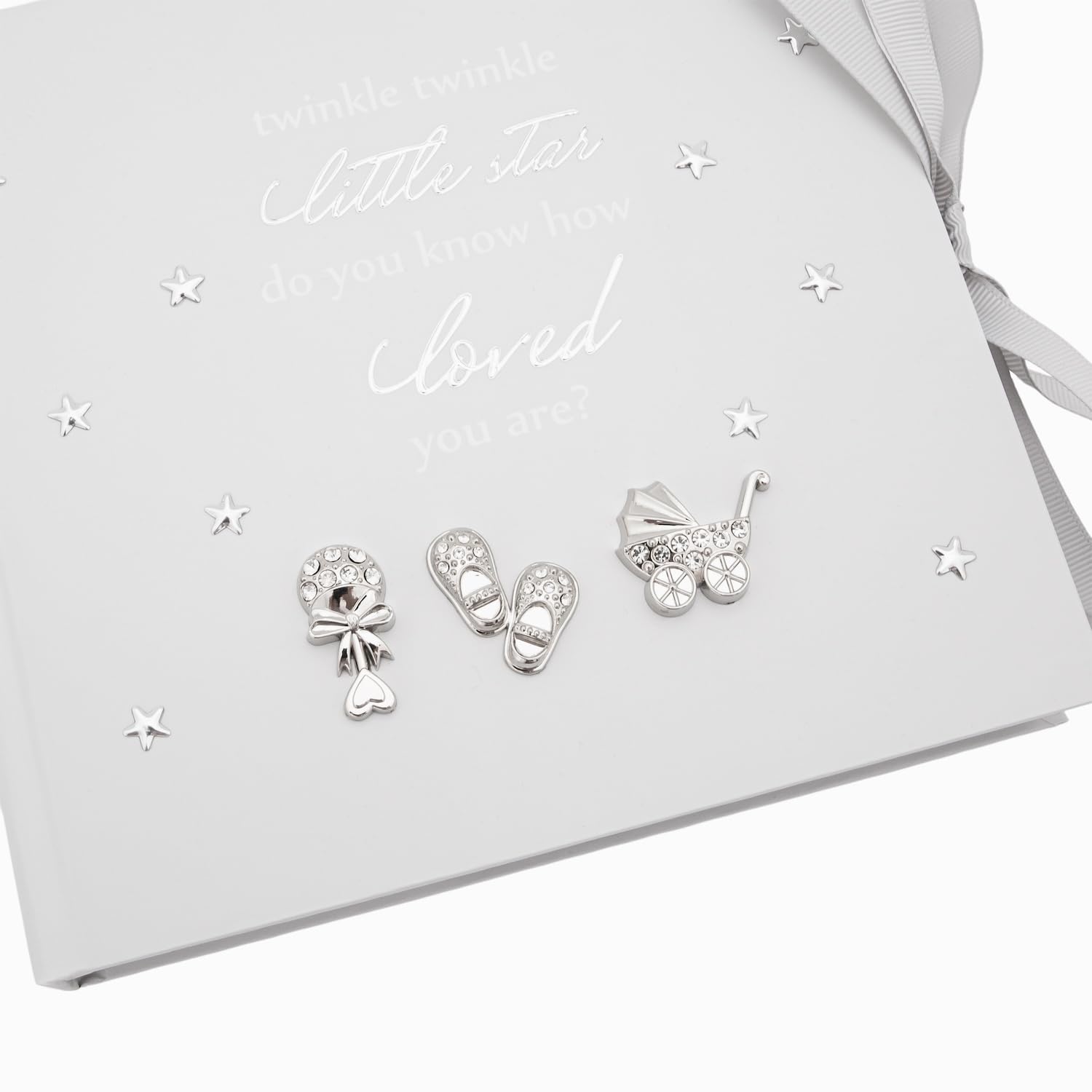 Happy Homewares Twinkle Twinkle Baby Shower Keepsake Photo Album with Silver Plated and Diamante Rattle Pram and Booties - Image 3