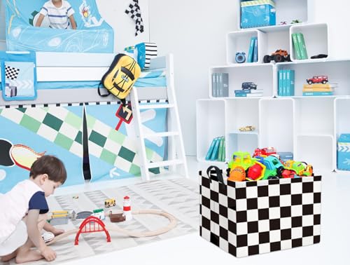 Image of Rectangular Car Basket for Boys Checkered Basket Kids Baby Storage Bin Toy Organizer Box Car Room Decor(Racing Flag)
