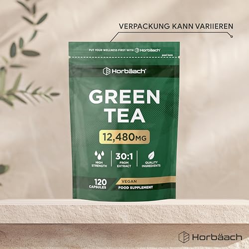 Grüntee Extrakt 12480 mg pro Tagesdosis | 120 Pulver Kapseln | Hochdosiert Green Tea | Vegane | von Horbaach