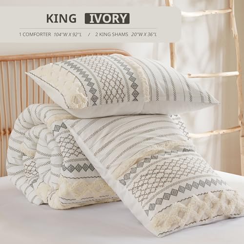 Image of INK+IVY King Comforter Set, Boho Comforters, Breathable Cotton Bed Set, All Season Modern Chenille Tufted Comforter with Farmhouse Bedding Flare, Gifts for Women, Ivory 3 Piece