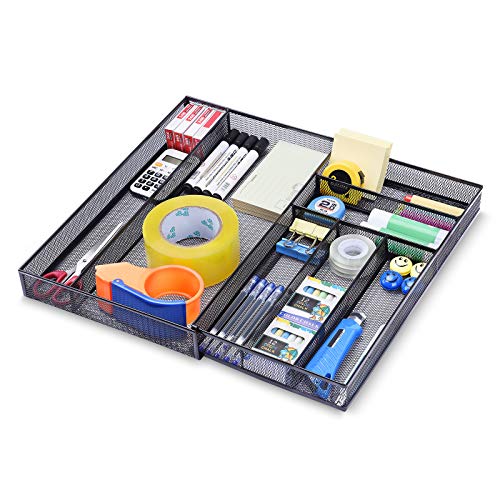 Expandable Office Desk Organizer, 7 compartments Mesh Desk Drawer Organizer Desk Organizer tray, Metal Office Supplies Accessories Storage, Black