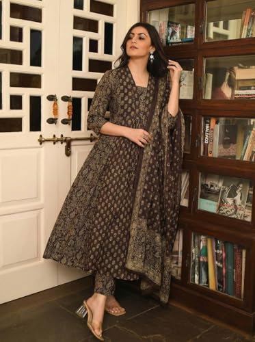 Image of ANNI Designer Women's Viscose Printed A-Line Kurta Set with Pant and Dupatta | Ethnic Wear Dress | V-Neck | 3 /4 Sleeve Indian Traditional Outfit for Women