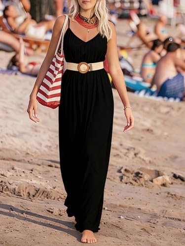 Image of Women's Summer Casual V Neck Sleeveless Strappy Pleated Flowy Loose Maxi Long Beach Dress