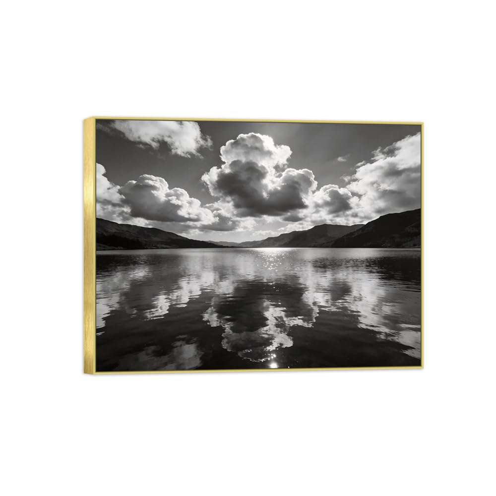 OZPWBVY Lake Clouds Black White Landscape Canvas Picture 70x90cm Gold Frame