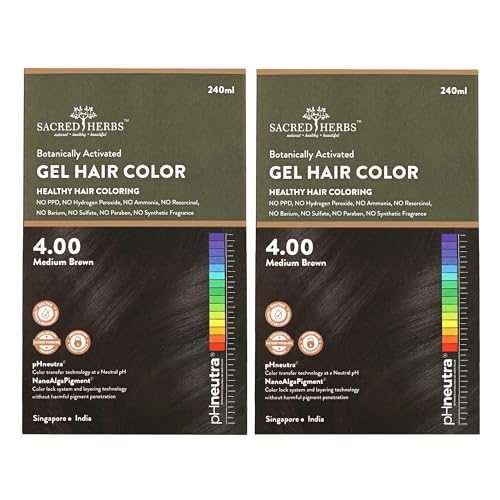 Image of SACRED HERBS Natural Gel Hair Color, Premium Pack | India's 1st pH Neutral Formula | Ammonia, PPD & Paraben Free | 20+ Herbal Actives, 100% Grey Coverage | Conditioning & Damage Free, For Women | MEDIUM BROWN 4.00 | Pack of 2 ( 240ml + 20gm, EACH )