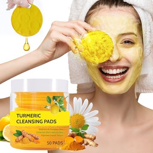 Turmeric Cleansing Pads for Face - Turmeric Exfoliating Face Scrub Pads with Vitamin C - Help Balance Skin Oil & Water - Suitable for All Skin Types - 50 Pcs (M)