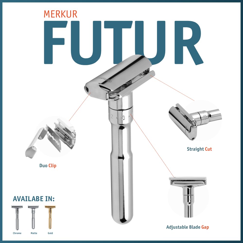 MERKUR FUTUR 701 Adjustable Double Edge Safety Razor - Bright Chrome | Adjustable Razor With Dial | Made in Germany | Plastic-Free | Snap-On Cap Design | Straight Bar