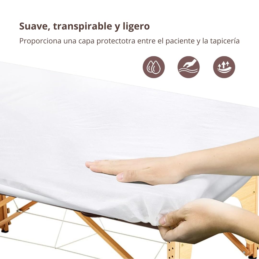Sábanas Camilla Desechables Ajustable 95 x 210 cm Caja de 100 Unidades - Funda Camilla Masaje Blanca Polipropileno - Centros Sanitarios, Estética, Estudio Tatuajes