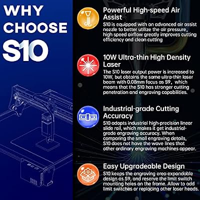 S10 Laser Engraver, 10W Optical Power Higher Accuracy Laser Cutter and Engraving Machine with Industrial X-axis Linear Slide Rail and Air Assist Nozzle Tube for Wood Metal