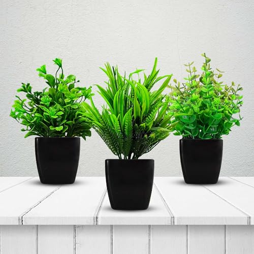 Image of Artificial Potted Plants- 17.5 cm Plastic Faux Plants, Artificial Indoor Potted Plants for Home Office Living Room Balcony Desk Indoor and Outdoor (Set of 3)
