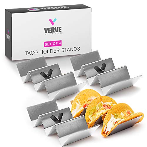 Taco Holders Stainless Steel Set of 4 - Stylish Taco Stand Up Holders For The Family - Reliable Grill and Oven Safe Taco Shell Holders Rack - Taco Holder Tray Stands for Taco Tuesday