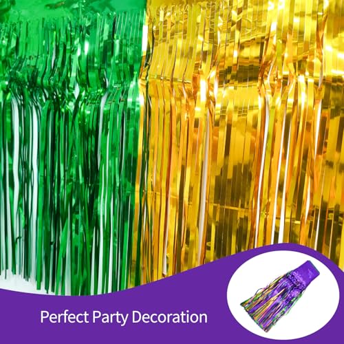 Image of 4 Packs 10 Feet Long Foil Fringe Mardi Gras Garland Green Gold Purple Tinsel Metallic Streamers Wall Hanging Birthday Backdrop Banner for Carnaval Car Parade Floats Streamer Decorations