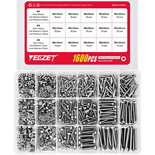 YEEZET 1600PCS M4 M5 M6 Heavy Duty Bolts and Nuts Flat & Lock Washers Assortment Kit,18-8 Stainless Steel,15 Most Common Sizes - Image 2