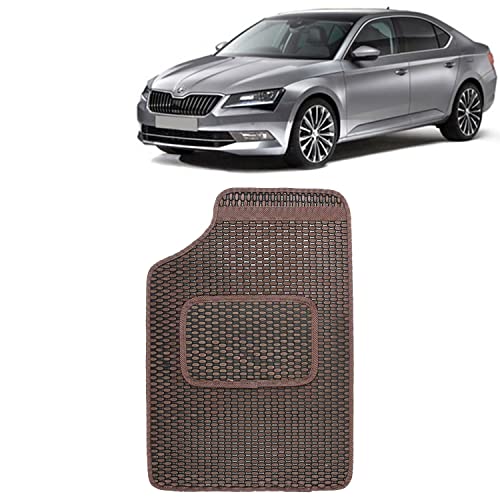 Image of Kingsway Dotted Design Car Floor Foot Mats Universal Fit for Skoda Superb, Model Year : 2015-2019, Water and Dustproof, Color Brown, Set of 5 Pieces