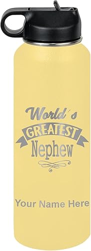Miniatura 66 de LaserGram Botella de agua con tapa abatible de doble pared de 20 onzas con popote, sobrino más grande del mundo, grabado personalizado incluido