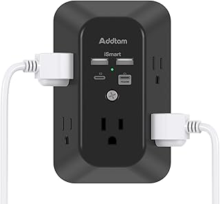 Outlet Extender Surge Protector, Addtam 5-Outlet Splitter with 4 USB Wall Charger(PD 20W), Multi Plug Wall Outlet Power Strip for Home, Dorm Room Essentials Black