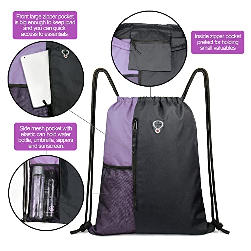 Image of BeeGreen Lilac Drawstring Backpack Sports Gym String Backpack For Women Men Large Size Cinch Sack Workout Bag with Zipper and Water Bottle Mesh Pockets