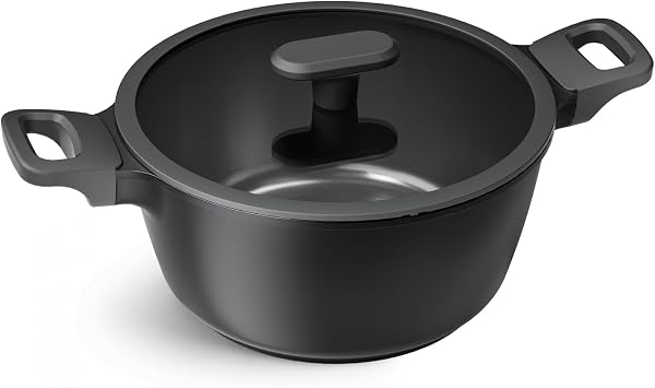 PRICUSIS Nonstick Stock Pot with Silicone Rim Glass Lid, 4.5 QT Casserole, Oven-Safe Bakeware, Induction, Dishwasher Safe, Suitable for Pasta, Baking & Stews, Black Sesame