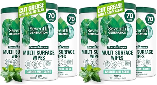 Seventh Generation Multi-Surface Wipes, Garden Mint, Plant-Based Cleaning Wipes, No Harsh Fumes or Residue, Safe Around Kids, 70 Count (Pack of 6)