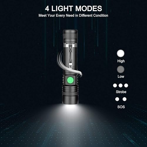 Miniatura 6 de Linterna táctica LED recargable, linterna impermeable IPX6, 2000 lm, LED súper brillante, zoomable, linterna LED pequeña de bolsillo para