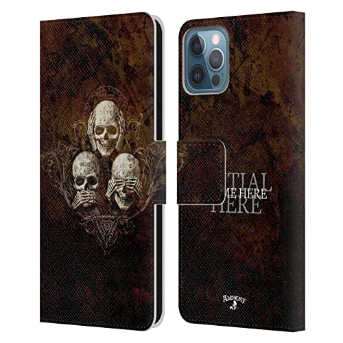Étui portefeuille iPhone 12 Pro Alchemy Gothic en cuir personnalisé au design trois crânes