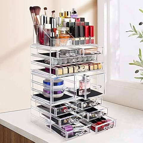 display4top Acrylic Makeup Organizers, 4 Pieces Cosmetic Display Cases with 12 Drawers for Lipstick and Jewerly, Great Vanity, Dresser, Bathroom Organizer (Clear) Cover