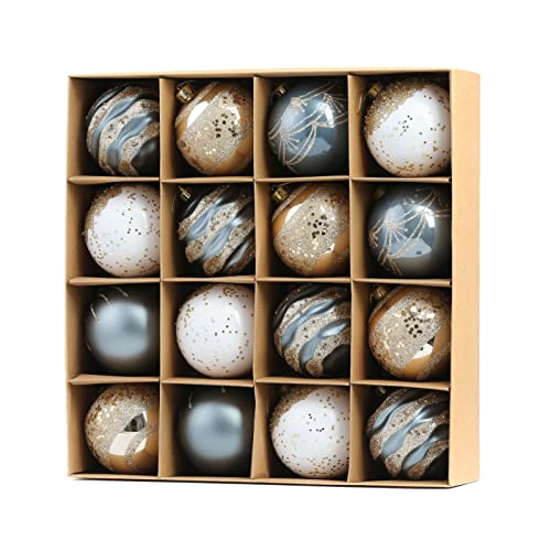 WBHome 16ct クリスマスボールオーナメントセット 80mm – ブルーとゴールド 飛散防止クリスマスデコレーション クリスマスツリー ホリデーガーランド リース装飾フック付き