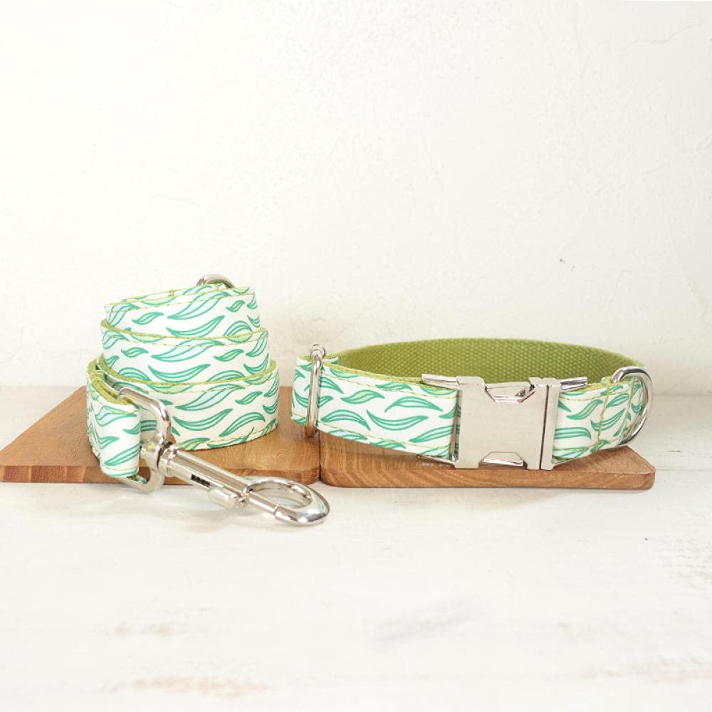 Collier de Chien réglable personnalisé Durable en Nylon gravé ID nom Vert Feuilles flottantes Collier de Chien avec-Collier_Leash_Set_M