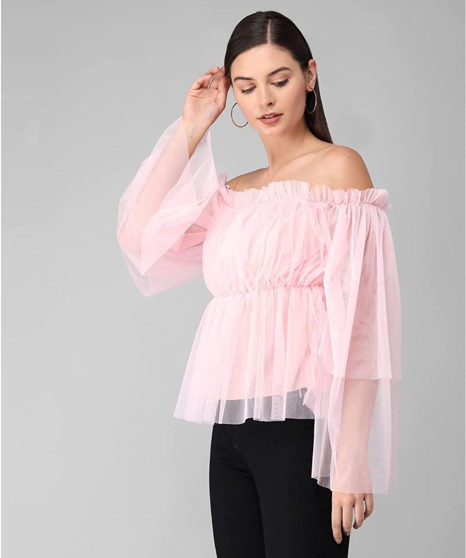 LIME 'N' LEMON Net Regular Fit Girls Casual Net Off Shouldered Top (Pink, Pack of 1) 15-16 Years 1