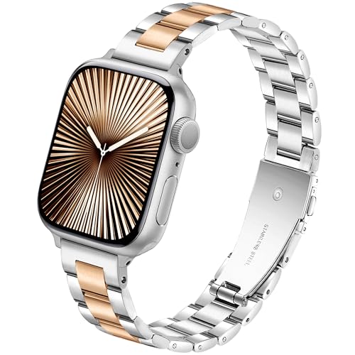 Image of Melyis Slim Metal Band Compatible with Apple Watch Bands for Women 40mm 41mm 38mm 42mm, Premium Stainless Steel iWatch Bands for Apple Watch Band Series 11 10 9 SE Series 8 7 6 5 4 3 2 1-Silver /Rose Gold