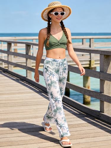 Image of Girls Swimsuit 3 Piece Bathing Suit Criss Cross Bikini Set Tropical Floral Swimwear with Mesh Cover Up Pants Size 9-16Y