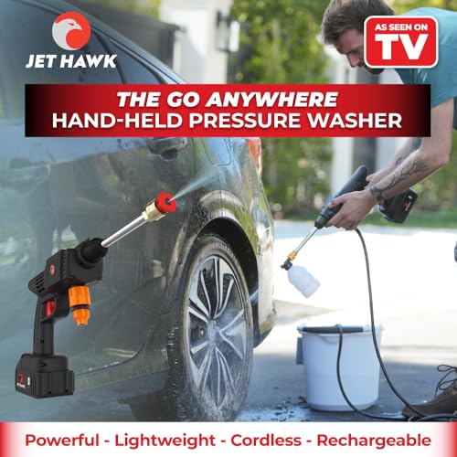 Jet Hawk – Portable Cordless High-Pressure Washer As Seen on High Street TV - Use Any Water Source – 6 in 1 - Inc Spray Nozzles, 5m Hose, Hose Connector, Free Soap Dispenser Bottle & Hard Carry Case - 2