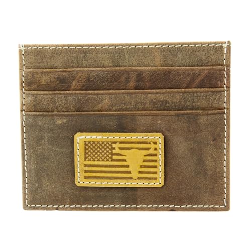 American Bison Men’s Leather Credit Card Holder – Embossed Bison Skull & American Flag Slim Wallet with ID Window, 3 Card Slots, Slide Pocket – Wooden Gift Box (Brown)