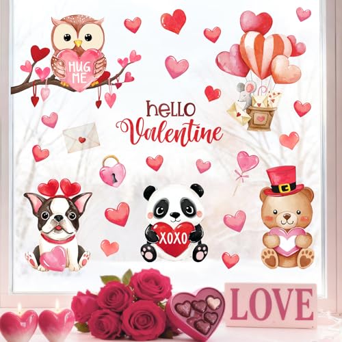 Mfault Hello Valentines Day Animals Window Clings, Cute Bear Dog Owl Panda Love Heart Hot Balloon Kids Stickers Decals Decorations, Anniversary School Classroom Home Living Room Kitchen Decor