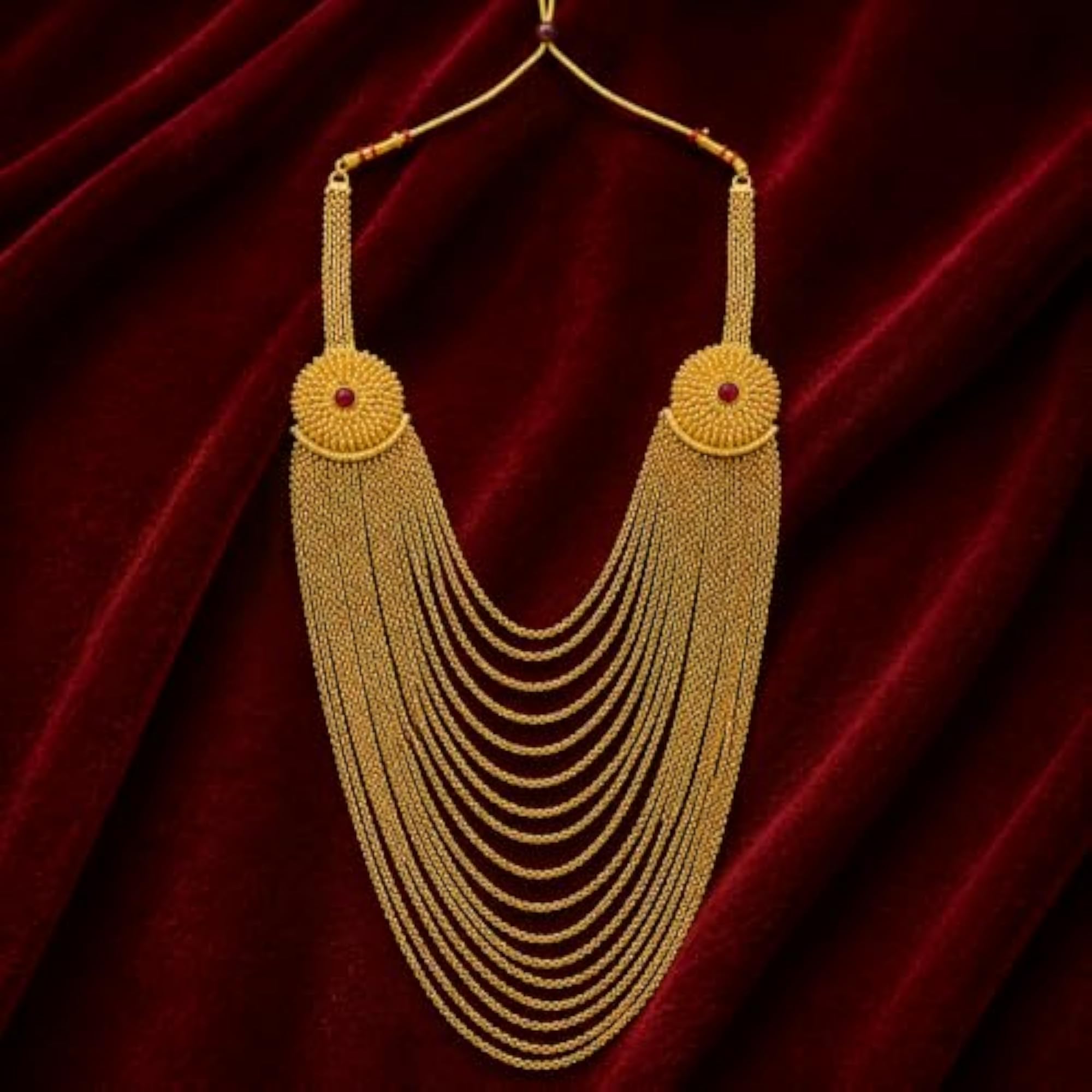 Latest Finish Multi-Layer Beaded Long Necklace with Red Stone Stud