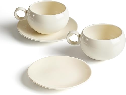 Taza de café de cerámica con platillo, 9 onzas para bebidas de café, café con leche, moca de café, leche y té (2 x crema + 2 x morado)