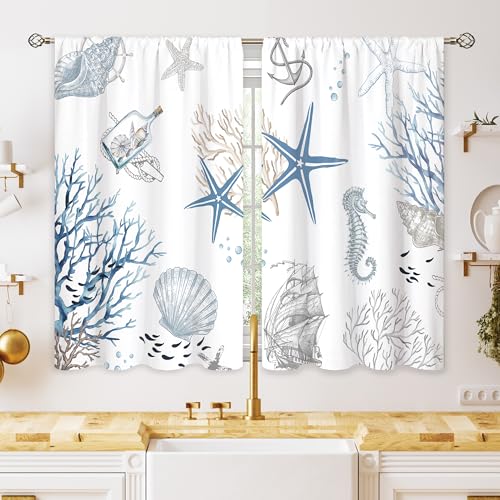 oolygoo Blue Ocean Beach Kitchen Curtains Nautical Coastal Starfish Seashell Small Window Treatment...