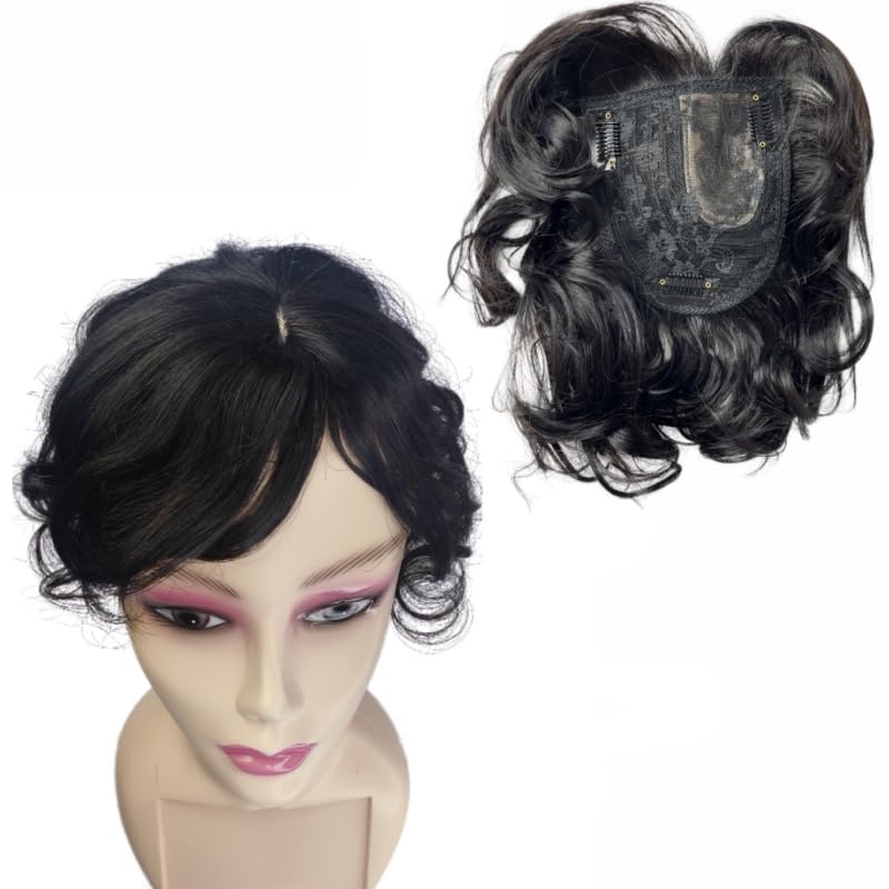 Short Curly Wavy Human Hair Toppers for Women and Men Clip In Toupee With Side Bangs Hair Partial Wig Wiglets Hairpieces (Black)